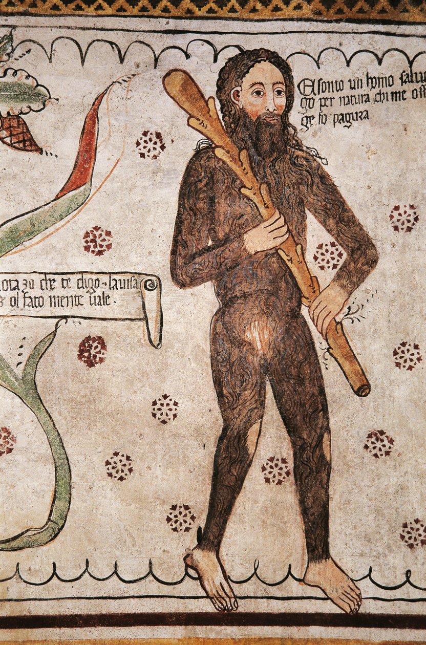 Ego sonto un homo salvadego per natura, chi me ofende ge fo pagura (természetemnél fogva vad ember vagyok, akik megbántanak, félni fogok), freskó, Homo Salvadego múzeum, Sacco, Cosio Valtellino, Lombardia, Olaszország alkotó: Benjamin Baud