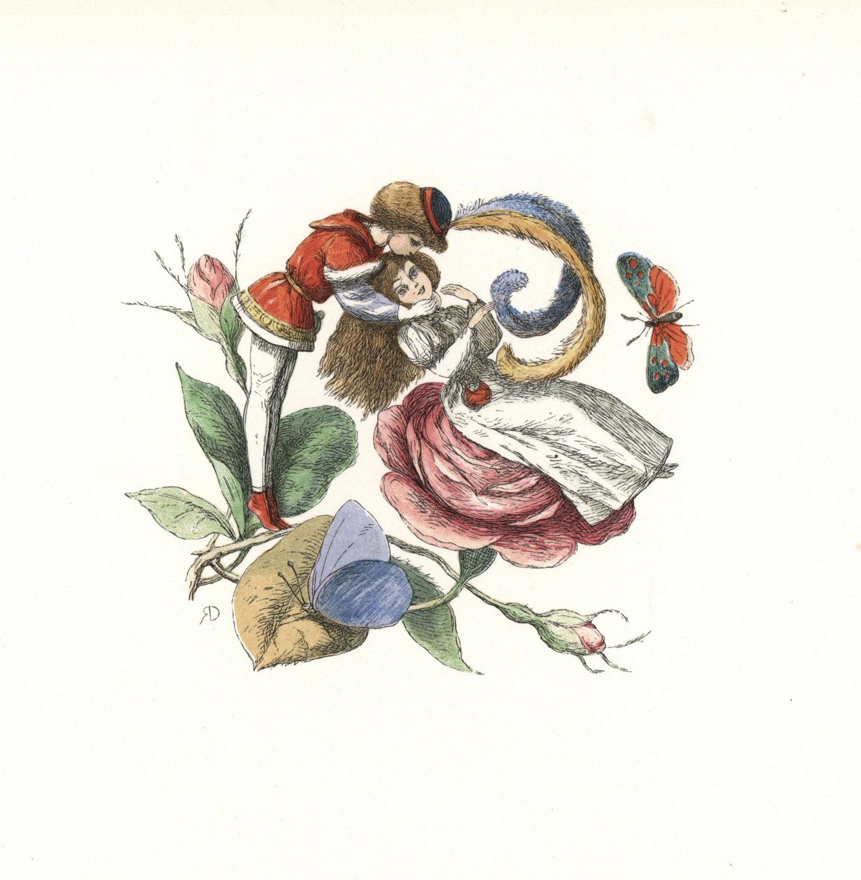 Tünde flörtöl egy tündérrel egy rózsavirágon. Edmund Evans kézzel színezett fametszete Richard Doyle illusztrációja után az In Fairyland, a Pictures from the Elf World sorozatból, Longman, London. alkotó: Unbekannter Künstler