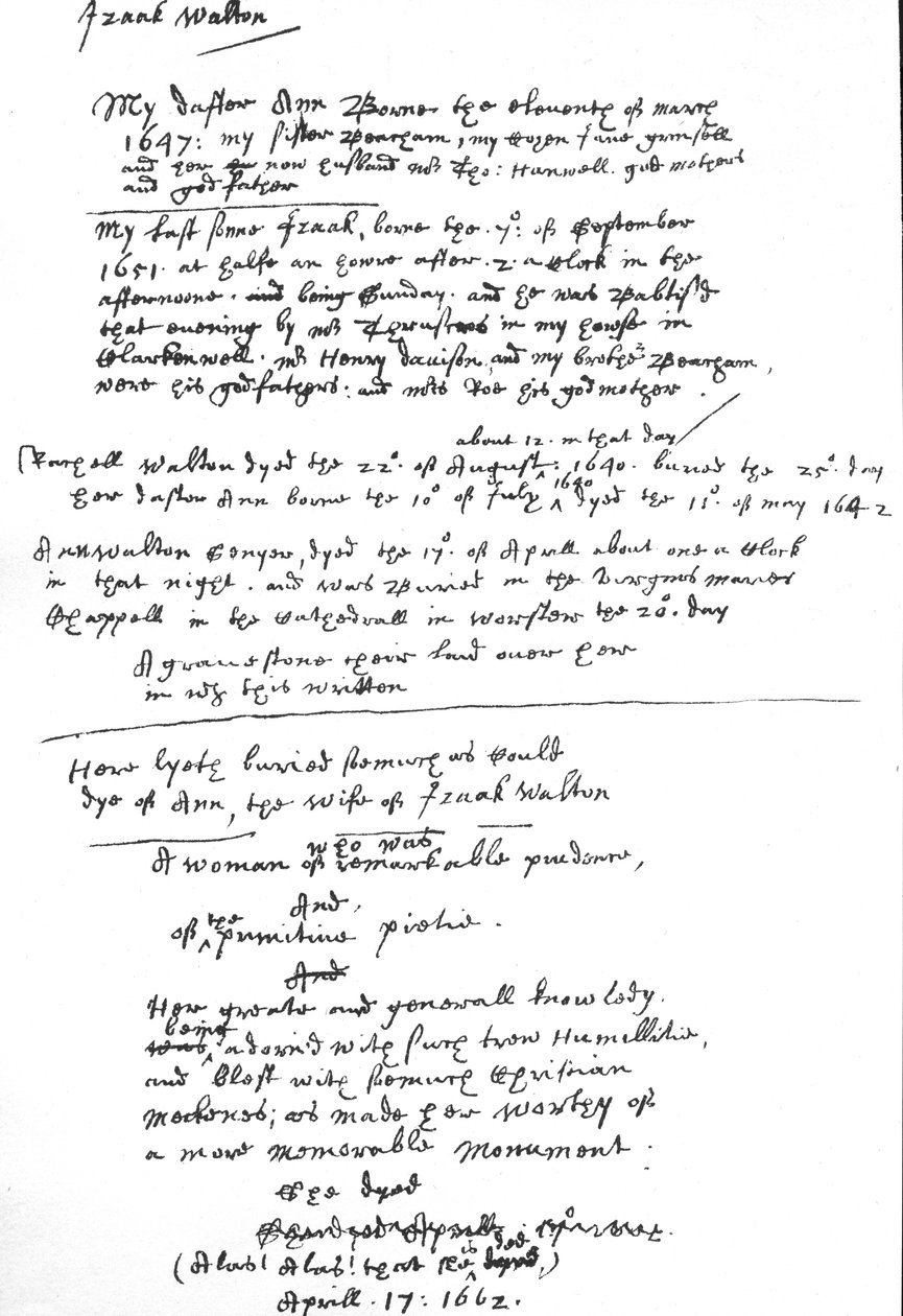 Izaak Walton bejegyzései a Közös Imádság könyvének példányán, 1662 után (toll és tinta papíron) alkotó: Unbekannt