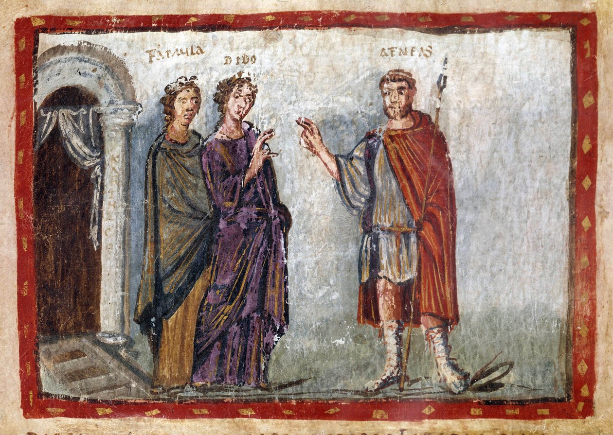 Vergilius Aeneisének (Kr. e. 70-19) epizódja: Aeneas és Dido ábrázolása. Dido megpróbálja visszatartani Aeneast. A kétségbeesésbe esett Dido öngyilkos lesz. Miniatúra a "Codex Vaticanus Latinus 3225 vagy Vergilius Vaticanus" 36. fóliójából. 5. század. Bibl alkotó: Unbekannter Künstler