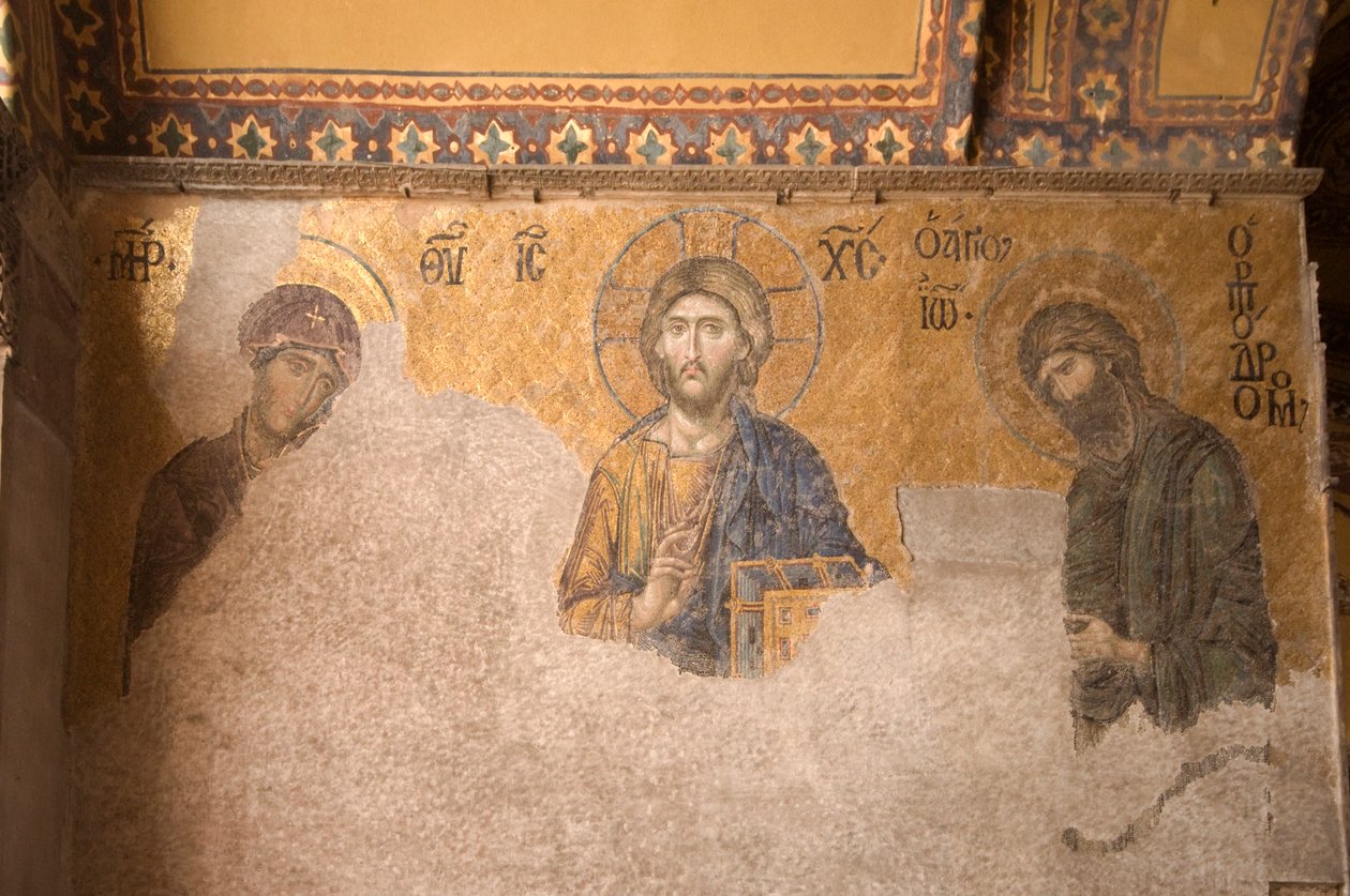 Európa-Ázsia, Törökország, Isztambul, Aya Sofya Múzeum (i.sz. 537, korábban mecset és templom), mozaiktábla Krisztussal, Máriával és Keresztelő Jánossal alkotó: Unbekannt