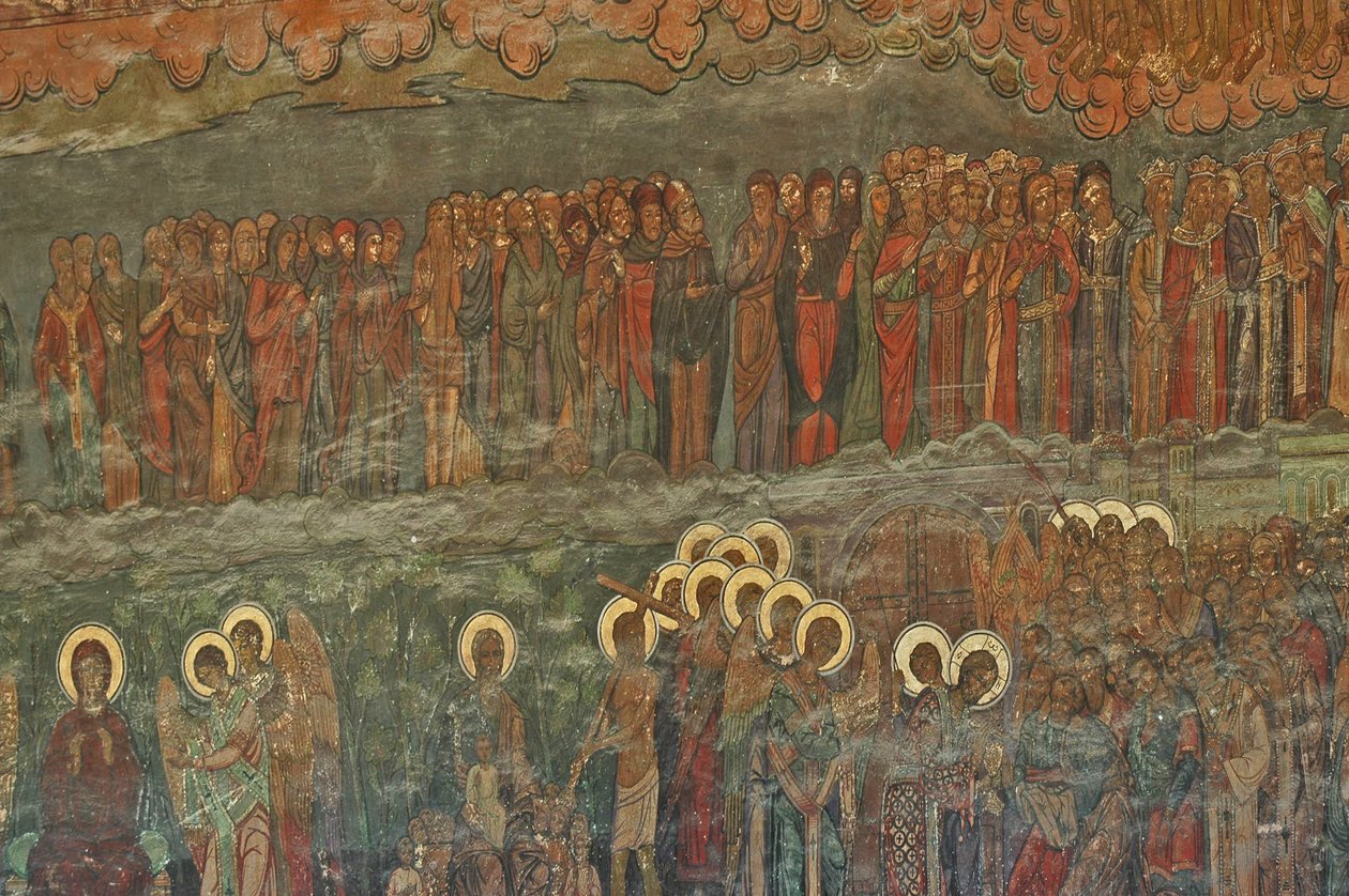 Európa, ROMÁNIA, Bukarest, Patriarchális ortodox székesegyház (1656), falfreskó a bejárat mellett alkotó: Unbekannt