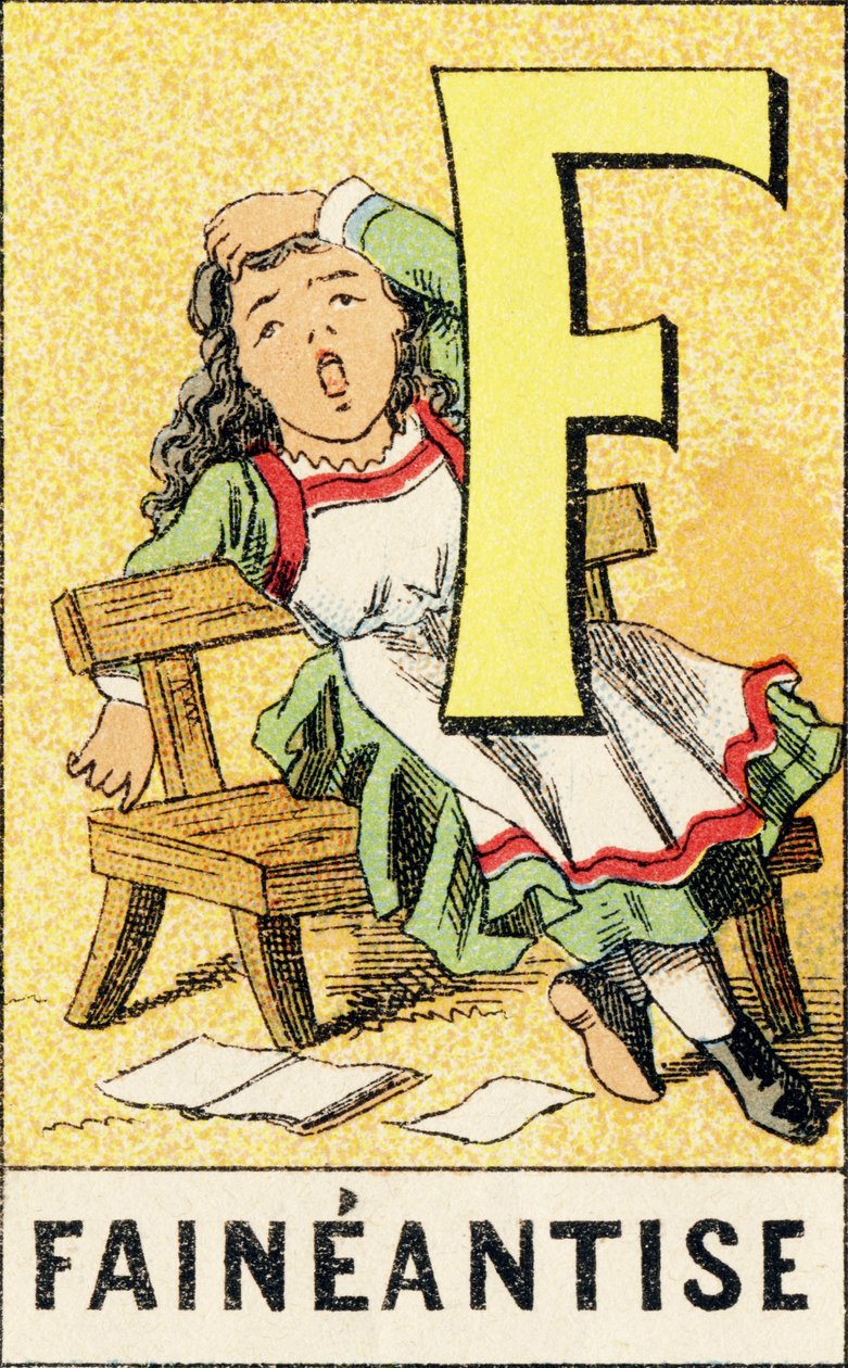 F: Faineantise - Az ABCD-ből vett metszet kislányokról. Pellerin & Cie, nyomda-kiadó, Epinal, 1890 körül. Serie A. Méretek: 19 x 13,5 cm. alkotó: Unbekannt