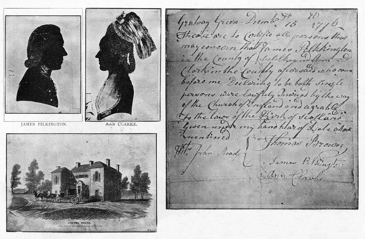 Gretna Green házassági anyakönyvi kivonat fakszimile a pár, James Pilkington és Ann Clarke portréival, akik december 16-án házasodtak össze. alkotó: Unbekannt