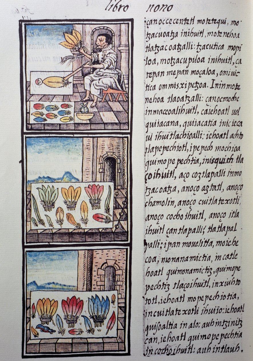 Tollfeldolgozás a spanyol hódítás után, oldal a firenzei kódexből, kétnyelvű változat spanyol és nahuatl nyelven, General History of Things of New Spain, Fray Bernardino de Sahagun spanyol misszionárius. Azték civilizáció alkotó: William M. Timlin