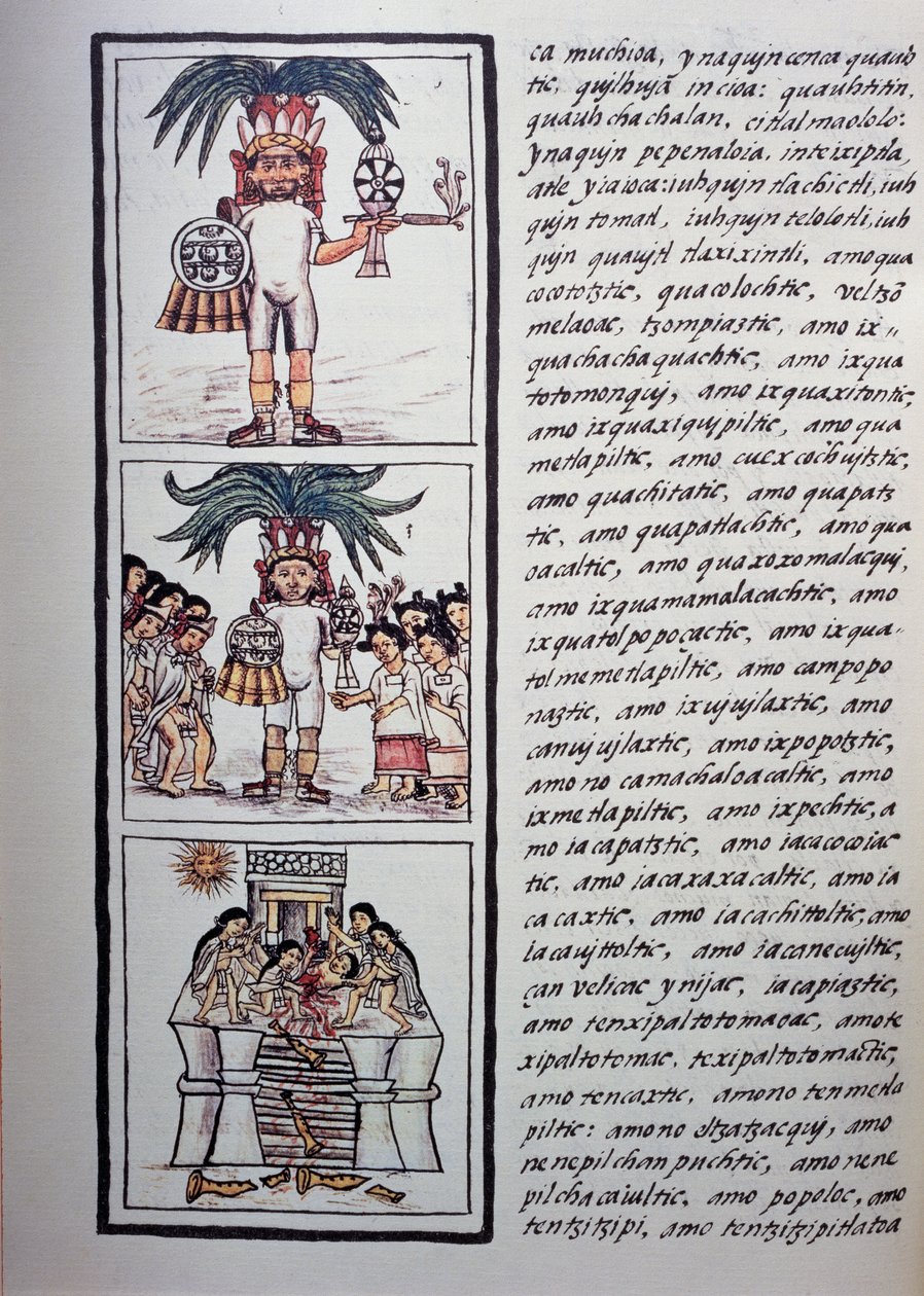 Toxcatl és áldozata ünnepe, Firenzei kódex II. könyve, kétnyelvű változat spanyol és nahuatl nyelven, Új Spanyolország dolgainak általános története (Historia general de las cosas de Nueva Espana), azték civilizáció alkotó: Benjamin Baud