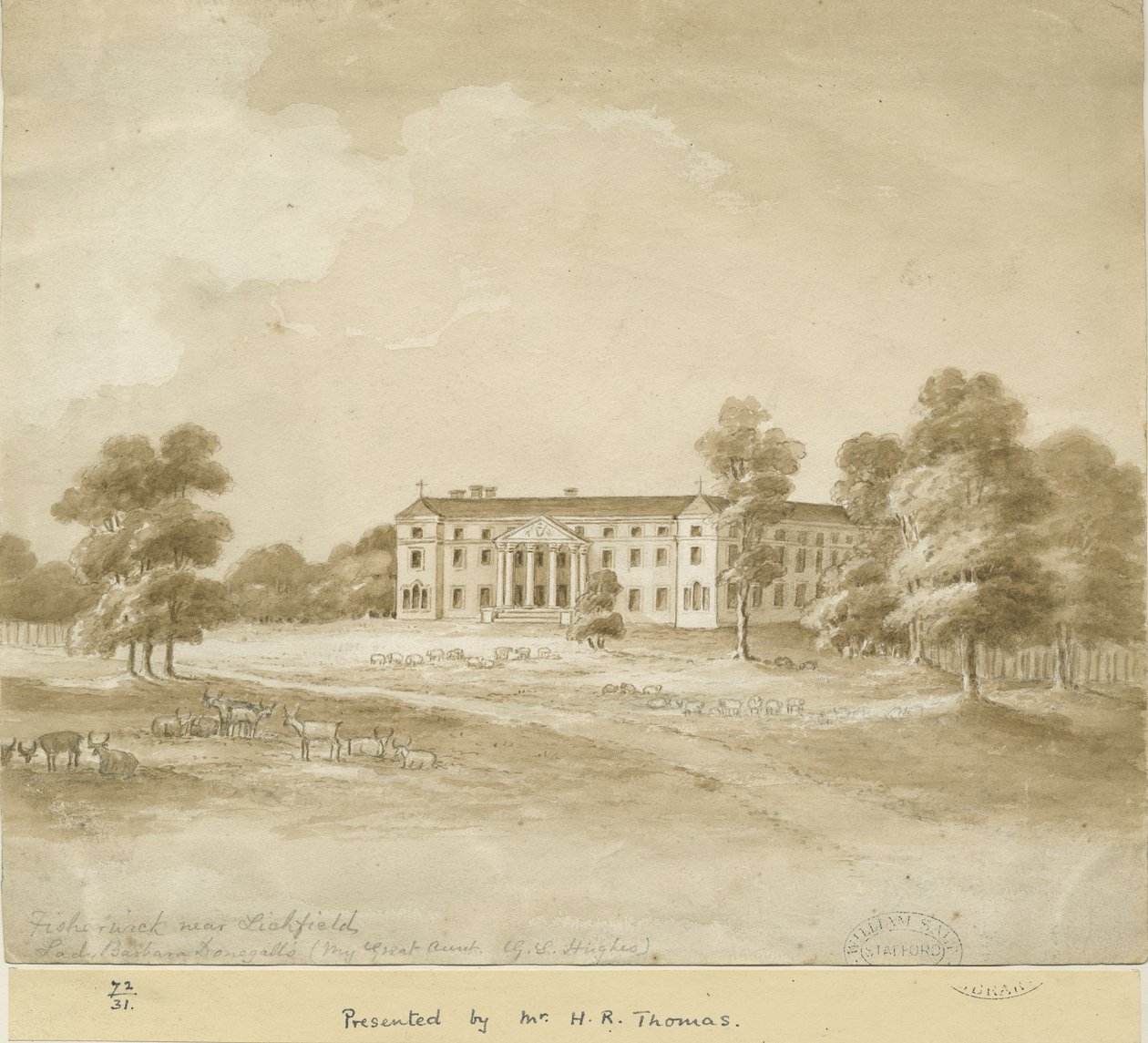 Fisherwick Hall: szépia mosás rajza, nd [?XIX. század] alkotó: Unbekannt