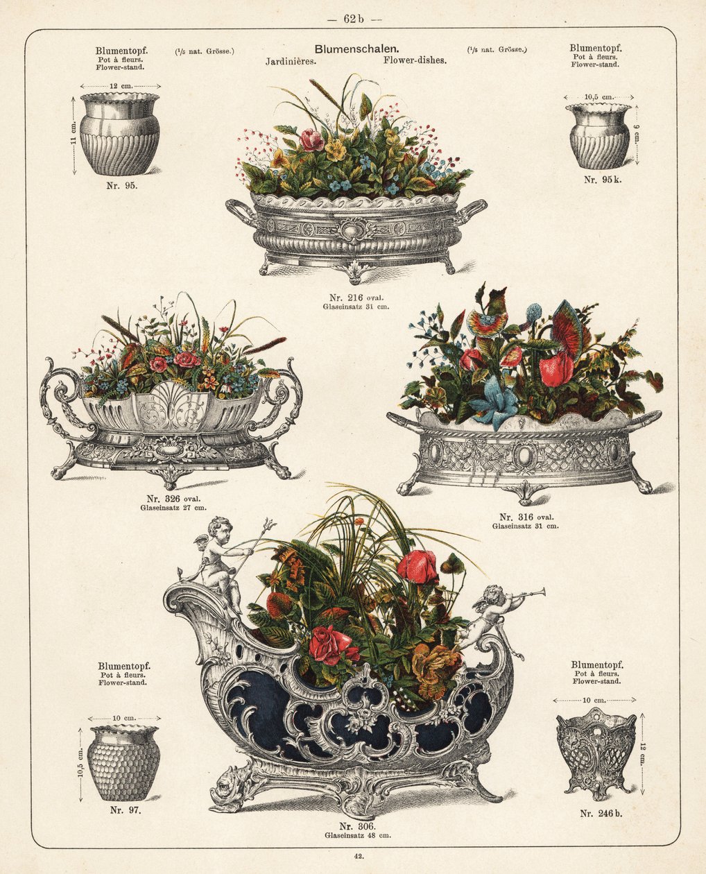 Virágtartók, virágtartók, virágtálak, vázák és kerti tálak. Litográfia a Württemberg Metalware Factory, Geislingen, Németország által gyártott fémtermékek katalógusából. alkotó: Unbekannter Künstler