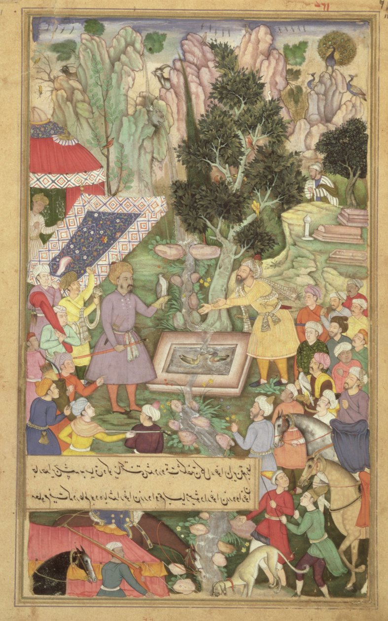 126. fólió Babur Khawaja Sih Yaran tavaszán, a "Baburnama"-ból ("Babur emlékiratai"), Mogulok alkotó: Unbekannter Künstler