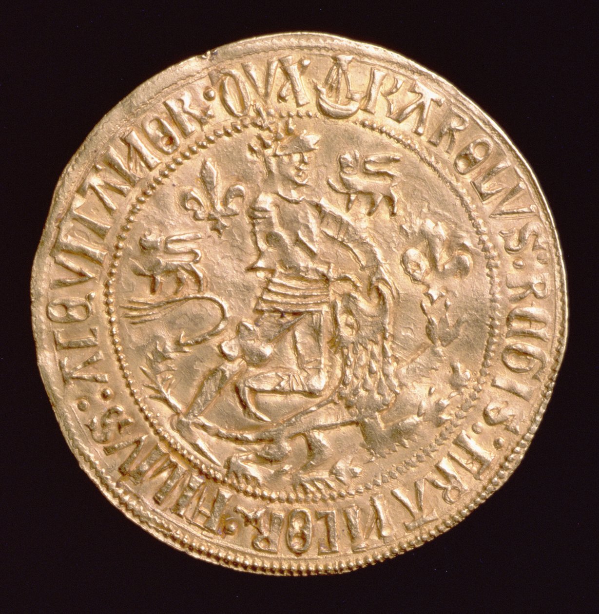 Francia Károly, Aquitánia hercegének (1433-77) Or-erődje (előlapja), amelyen az oroszlánnal birkózó herceg látható, Bordeaux-ban ütve alkotó: Unbekannt