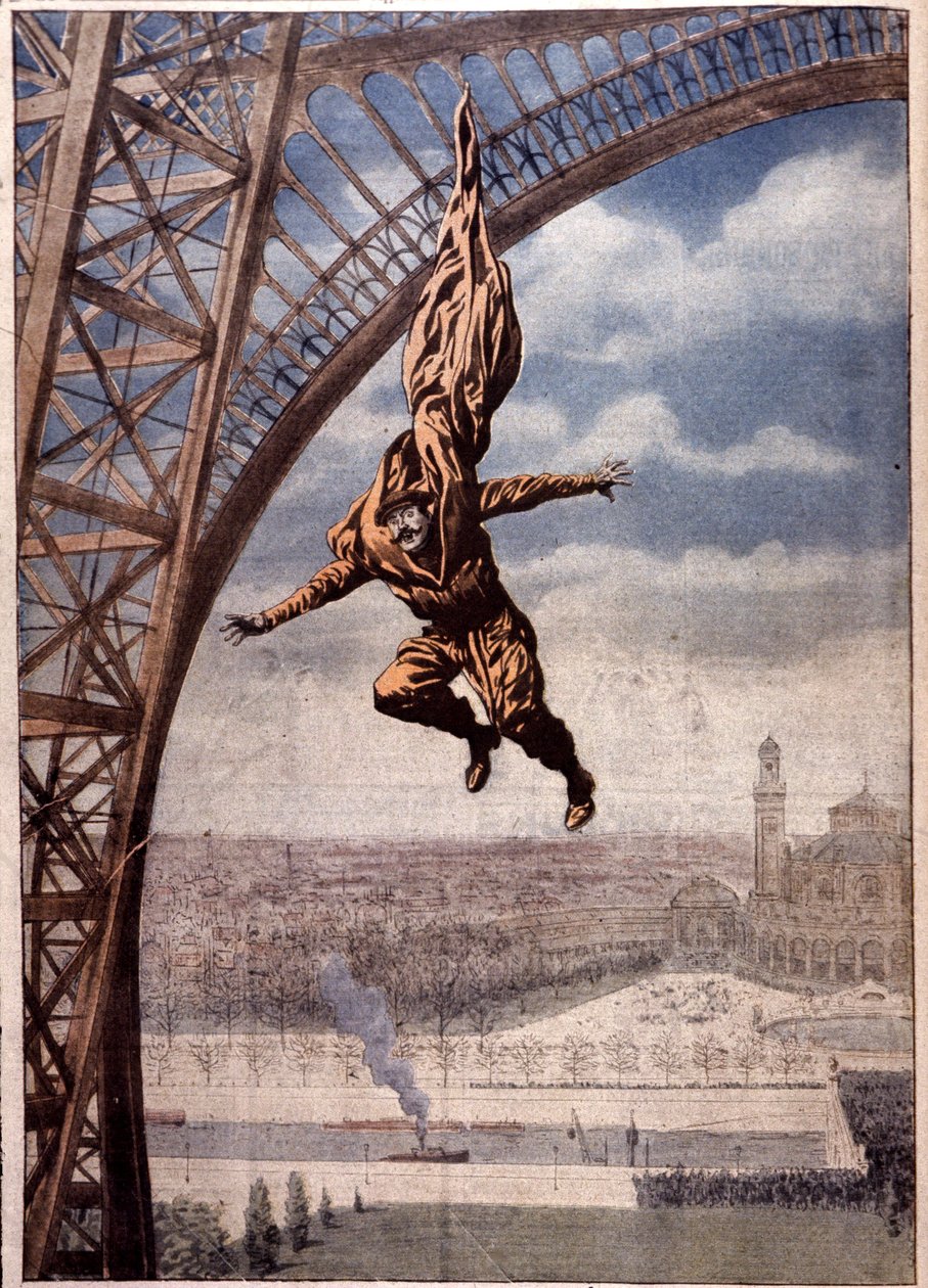 Franz Reichelt meghalt, amikor az Eiffel-toronyból próbálta ki "ejtőernyős kabátját". alkotó: Unbekannter Künstler