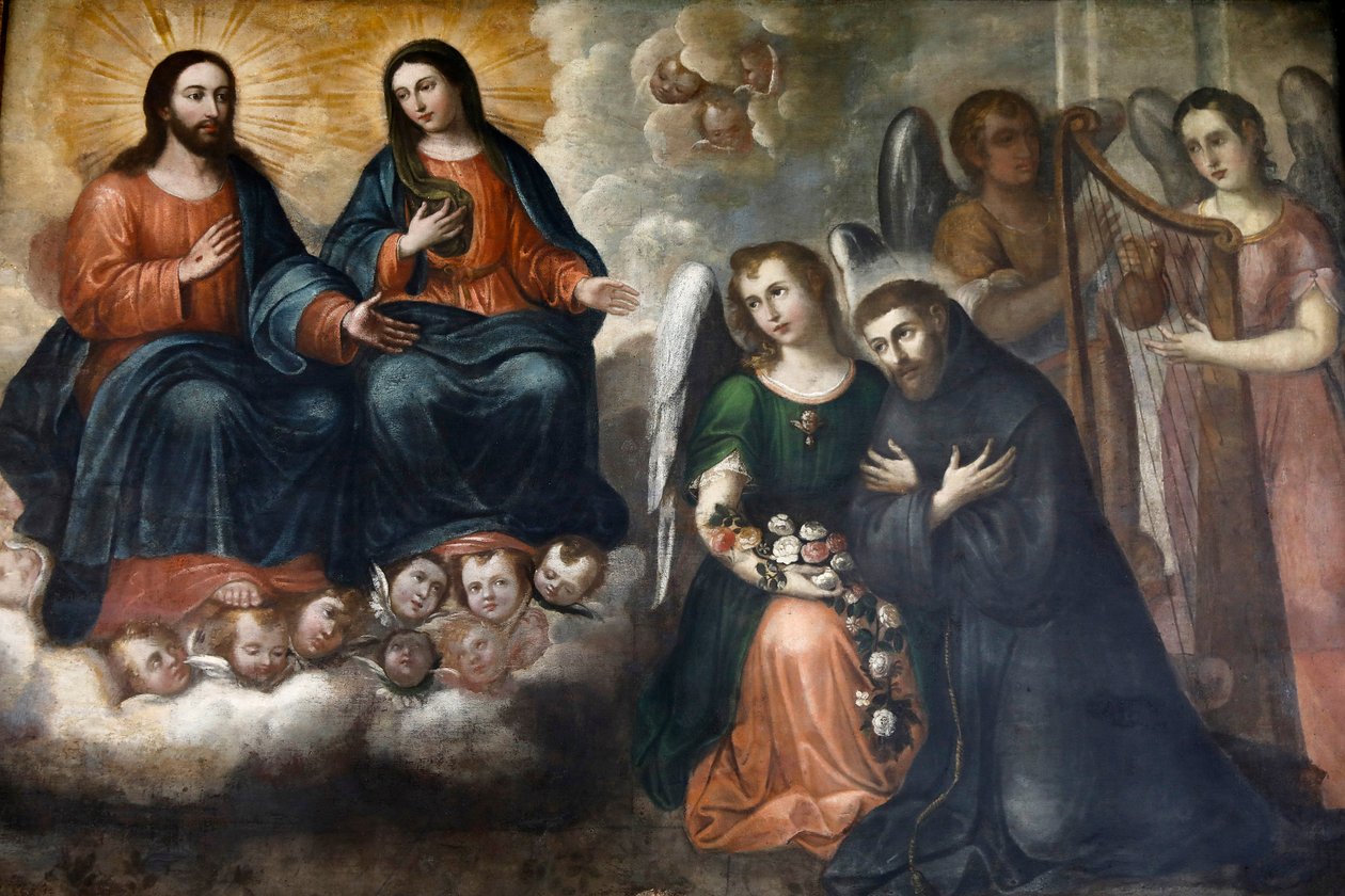 Fray Pedro Gocial múzeum San Francisco kolostorában, Quitóban, Ecuadorban. Festmény, amely Jézust és Máriát ábrázolja Szent Ferenc előtt (fénykép) alkotó: Unbekannter Künstler