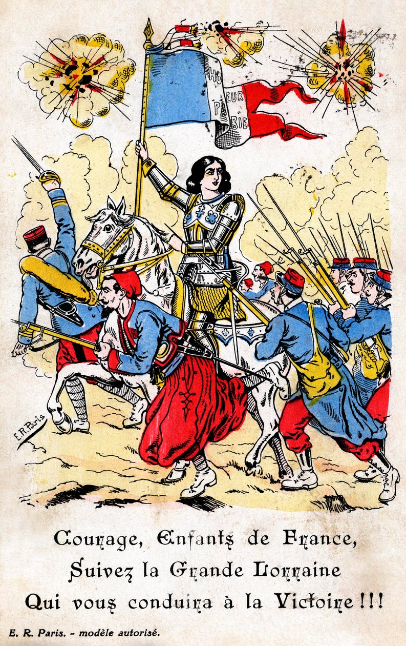 Francia képeslap, amelyen Joan of Arc francia katonákat vezet a háborúba alkotó: Unbekannt