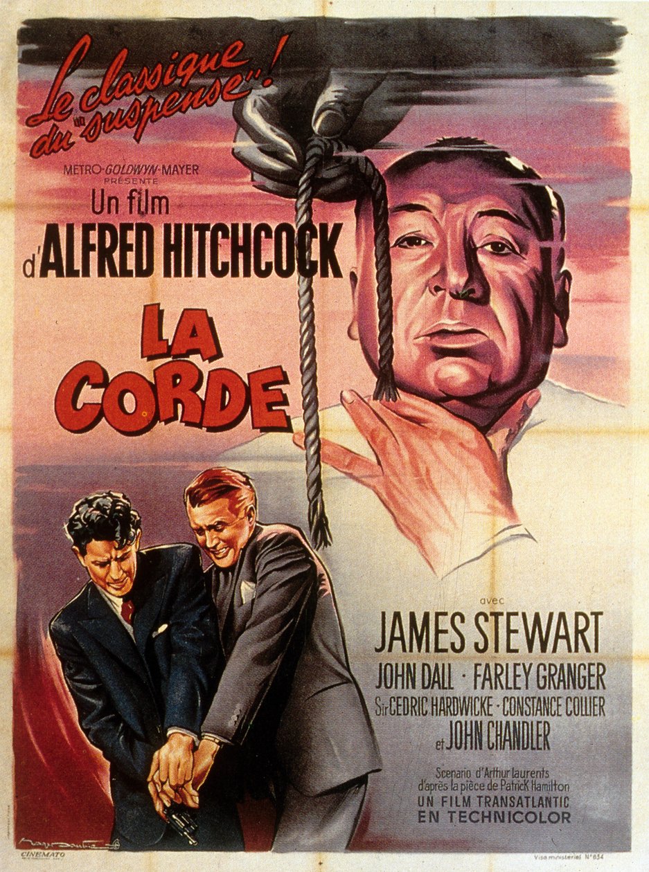Francia poszter az Alfred Hitchcock által rendezett Kötél című filmhez Jimmy Stewart, John Dall és Farley Granger 1948 főszereplésével alkotó: Unbekannt