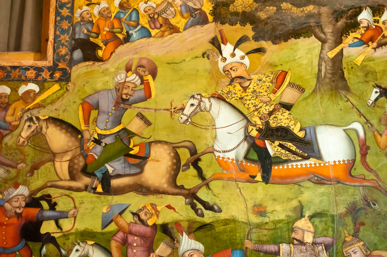 Freskó; Ismail sah fehér lovon a Taher Abad-i csatában; 1510; az üzbégek ellen Mervben; Chehel Sotoun; Negyvenoszlopos palota; Iszfahán; Irán; Ázsia alkotó: Unbekannt