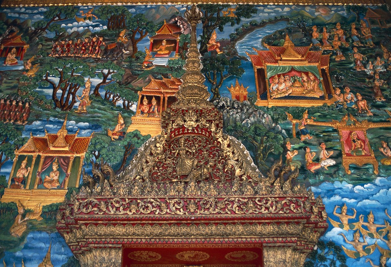 Freskó és építészeti részletek, a Wat That, a nagy szent sztúpa, amelyet a 20. századi Luang Prabangban újjáépítettek (az Unesco világörökségi listája) alkotó: William M. Timlin