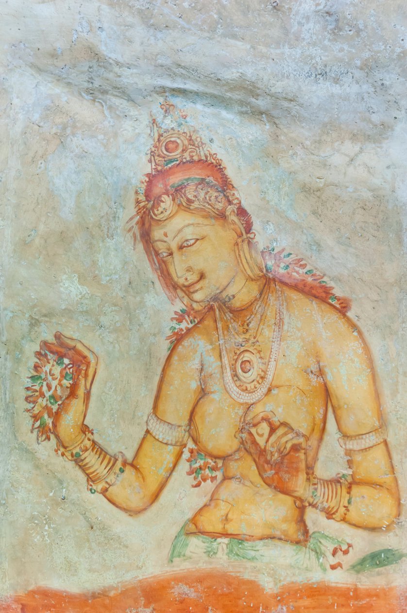 Freskó; csupasz mellű nő virágokkal; Apsara; UNESCO Világörökség része; Sigiriya; Sri Lanka; Ázsia alkotó: Unbekannt