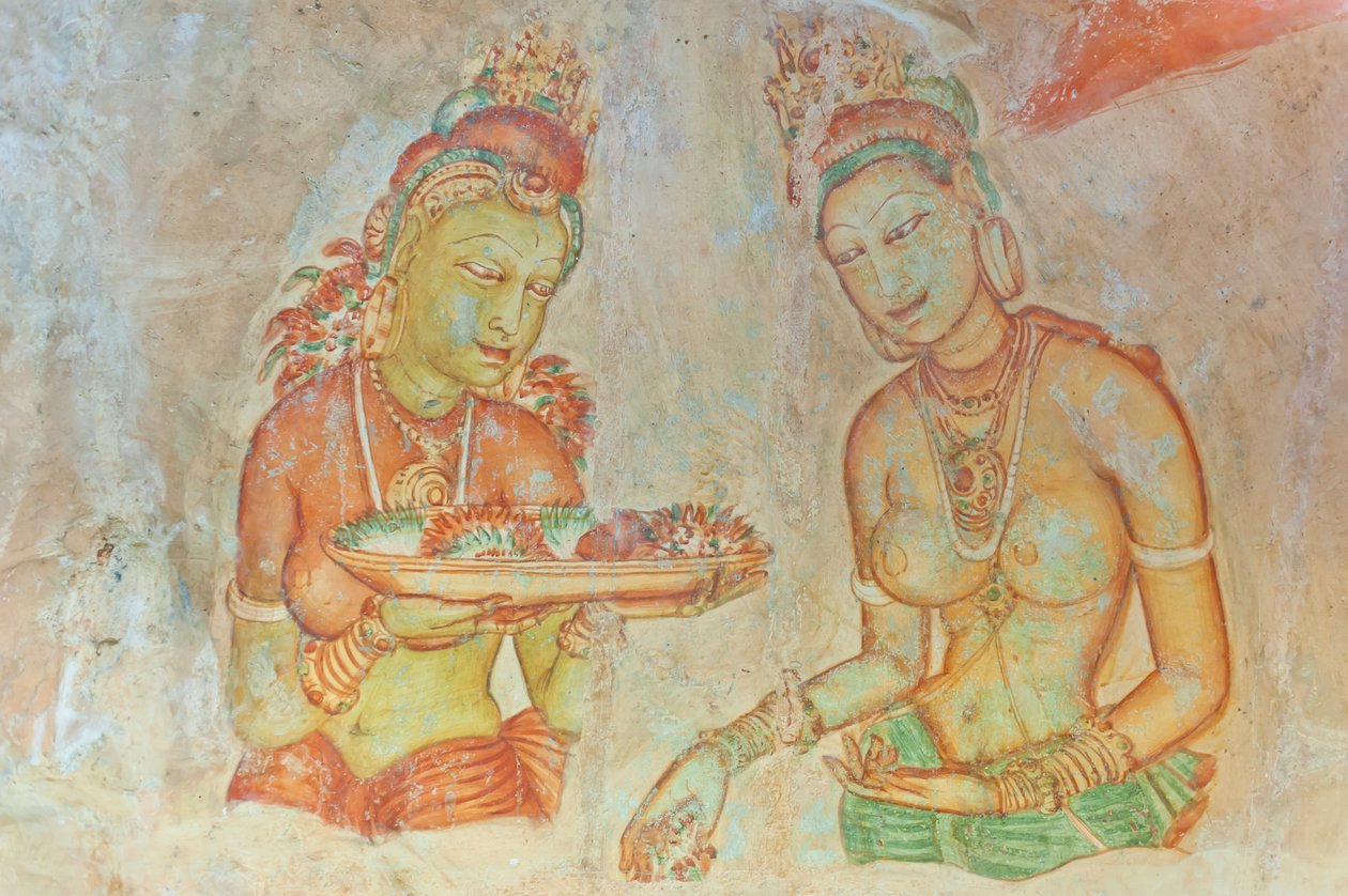 Freskó; csupasz mellű nő virágokkal; Apsaras; UNESCO Világörökség része; Sigiriya; Sri Lanka; Ázsia alkotó: Unbekannt