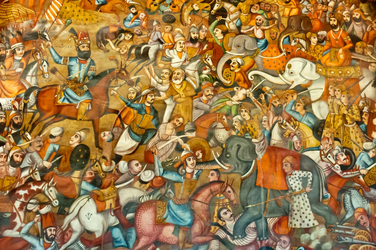 Freskó; csata; Nadir Shah csatája a karnali csatában; 1739; lovon; Mohammed Shah Gurkani szultán ellen fehér elefánton; Chehel Sotoun; Negyvenoszlopos palota; Iszfahán; Irán; Ázsia alkotó: Unbekannt
