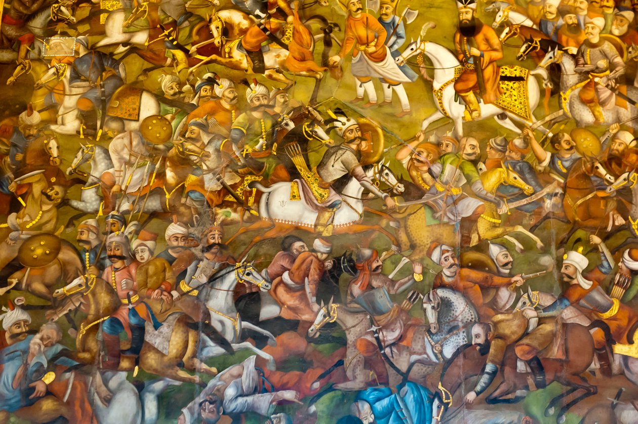 Freskó; chaldiran vagy Chaldiran csata az oszmánok ellen I. Szelim szultán; 1514; Chehel Sotoun; Negyvenoszlopos palota; Iszfahán; Irán; Ázsia alkotó: Unbekannt