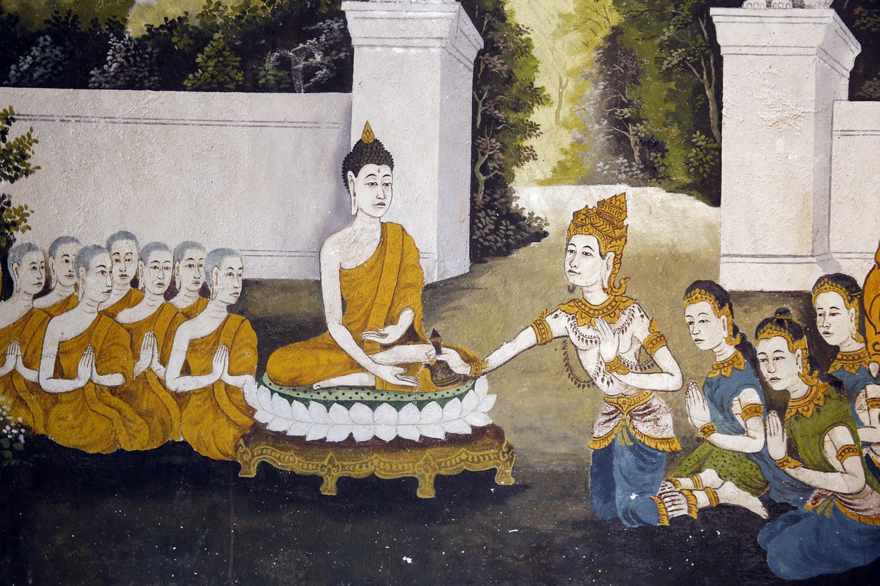 Buddha életének egy jelenetét ábrázoló freskó Wat Phra Doi Suthepben, Chiang Mai államban. Buddha alamizsnát kap. Thaiföld alkotó: Unbekannt