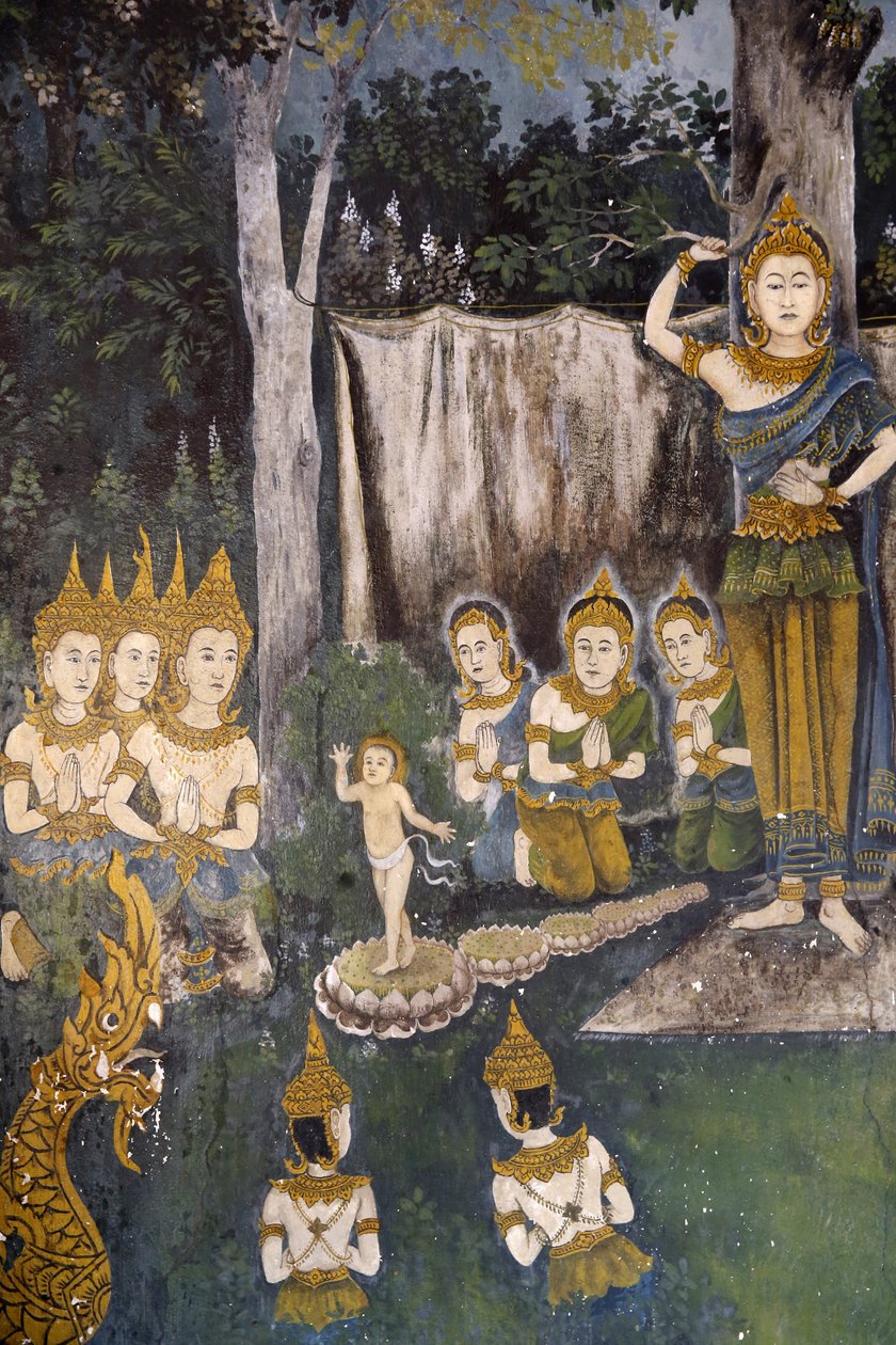 Buddha életének egy jelenetét ábrázoló freskó Wat Phra Doi Suthepben, Chiang Mai államban. Thaiföld. Buddha gyerekként. alkotó: Unbekannt