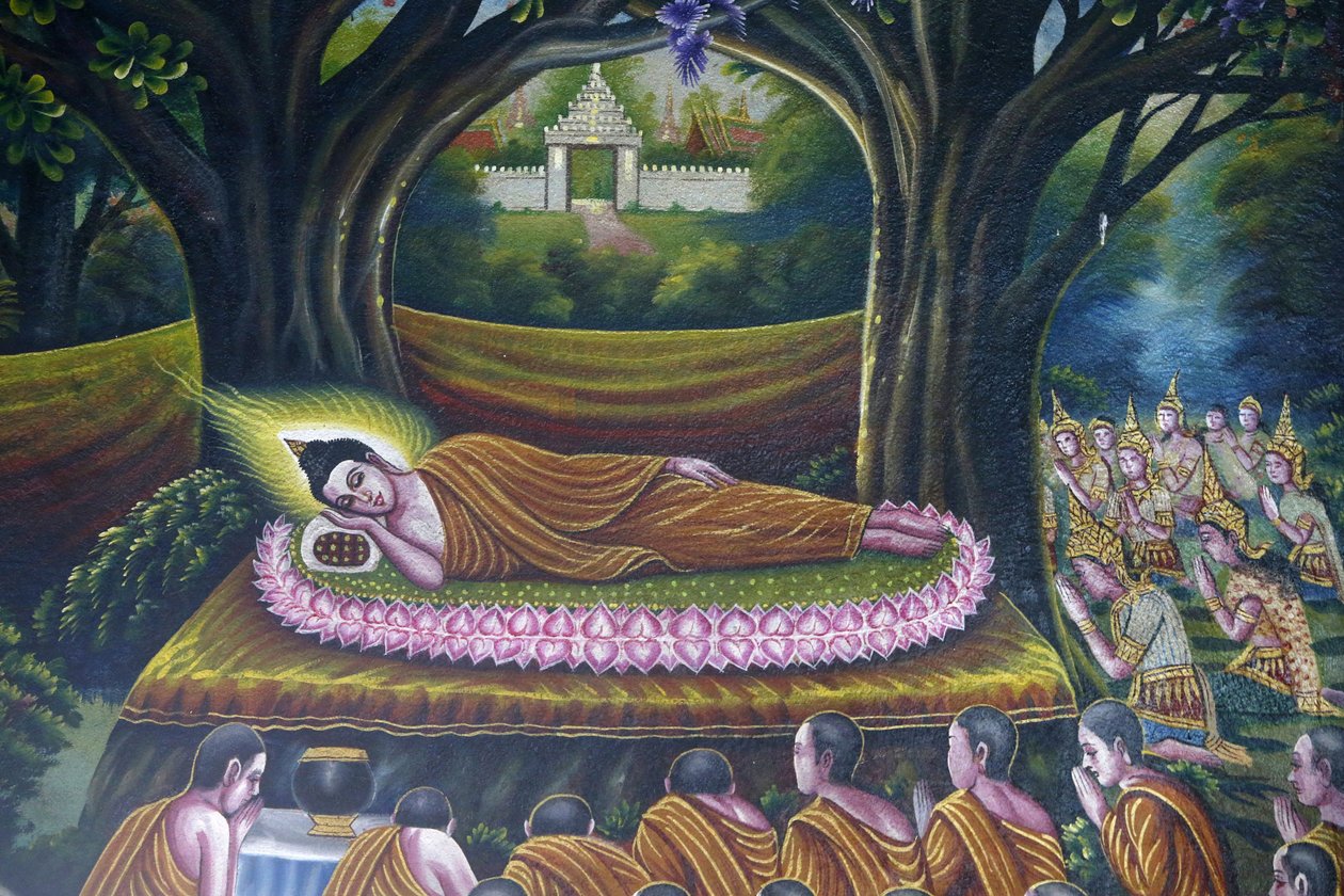 Buddha nirvánába való belépését ábrázoló freskó a Chiang Mai állambeli Wat Chiang Munban. Buddha belépése a parinirvánába. Thaiföld alkotó: Unbekannt