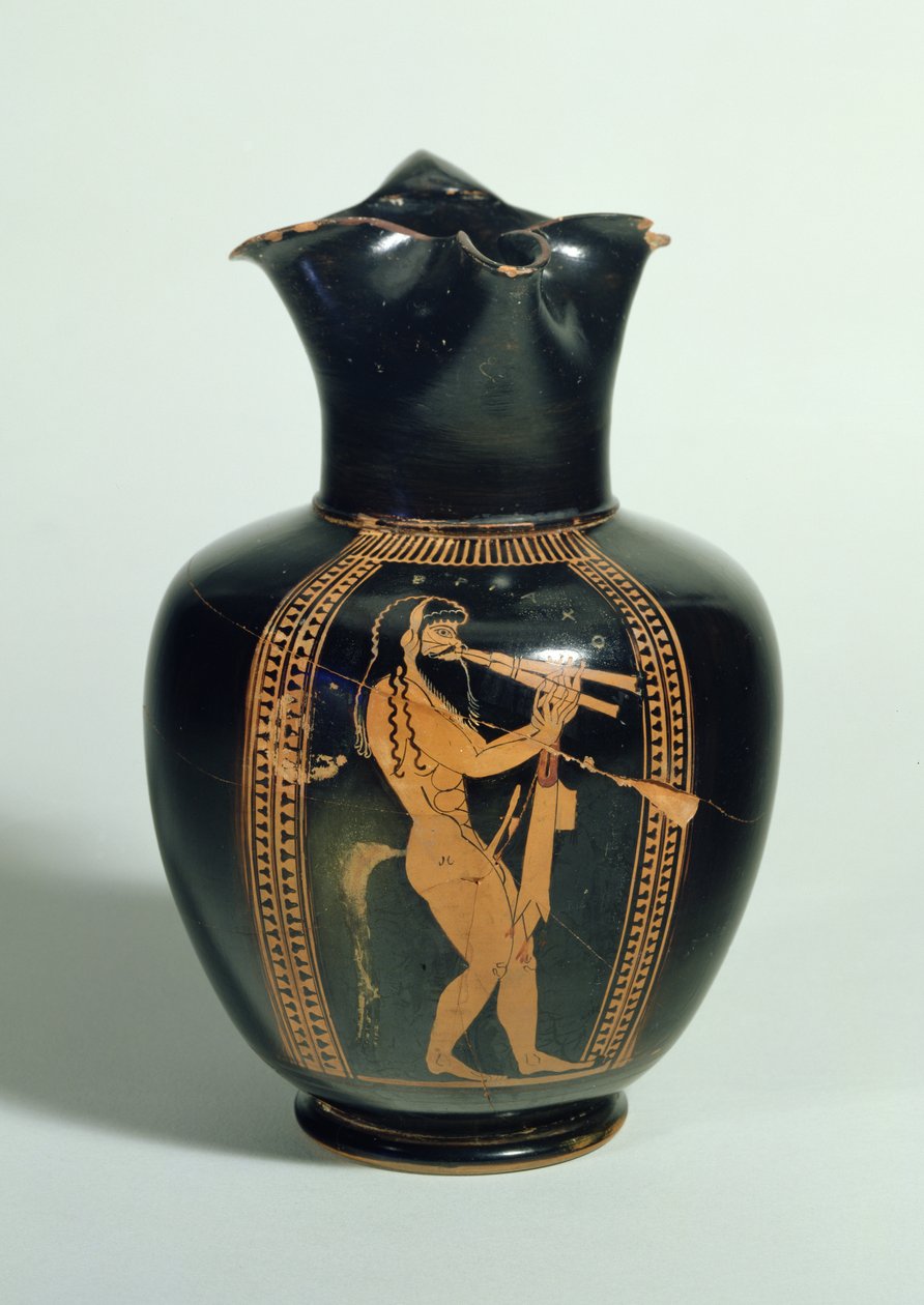 GR.126-1864 Oinochoe, kettős furulyán játszó szatírral díszítve, attikai vörös figura, Athén, Görög, Kr.e. 520 (agyag) alkotó: Unbekannt
