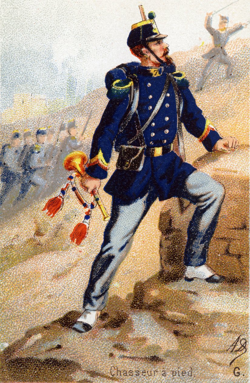 G: Lábvadász. Metszet "Katonai ábécé"-ben. Az illusztrátor kezdőbetűi: A. D. Ismeretlen kiadó. Kromolitográfia a 19. század végén. Mérete: 10,5x7 cm. alkotó: Unbekannt
