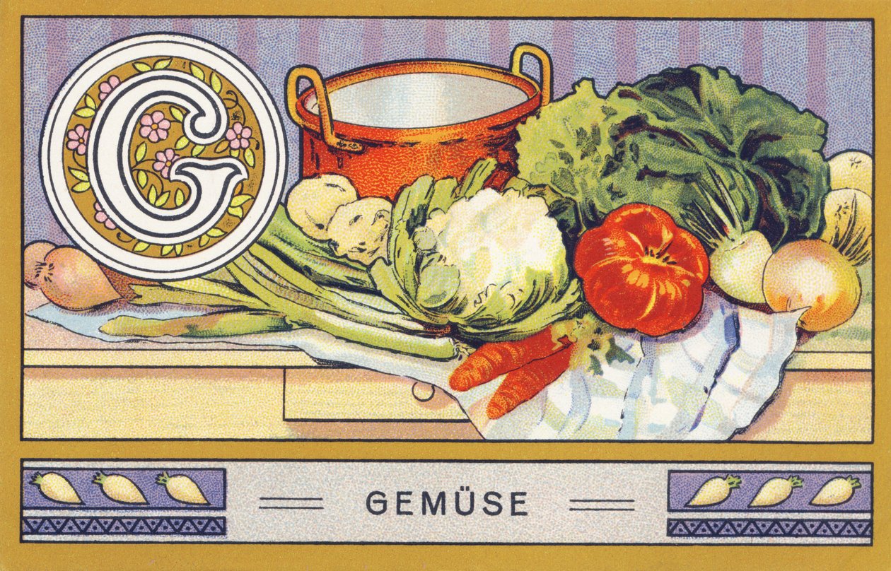 G: Gemuse - Alphabet Palmin. Kromolitográfiák sorozata, szerkesztette: H. Schlinck & Cie, Hamburg, p. d. . Palmin feinstes Cocosfett reklámja. Méretek: 7 x 11 cm alkotó: William M. Timlin