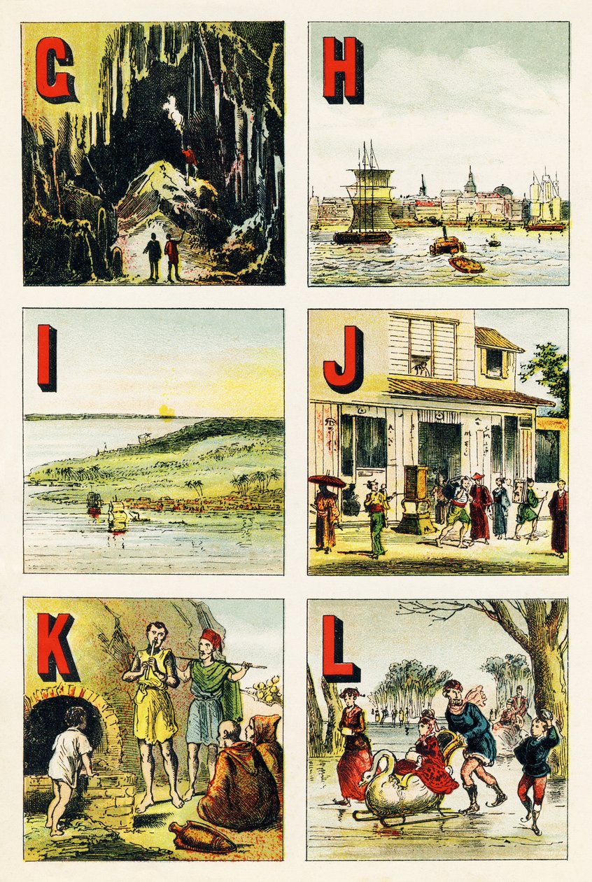 G H I J K L: barlang, Hamburg, sziget, Japán, Kabylie, tó - Földrajzi ábécéből kivont metszet. Guerin-Muller et Cie, kiadók, Párizs alkotó: Unbekannt