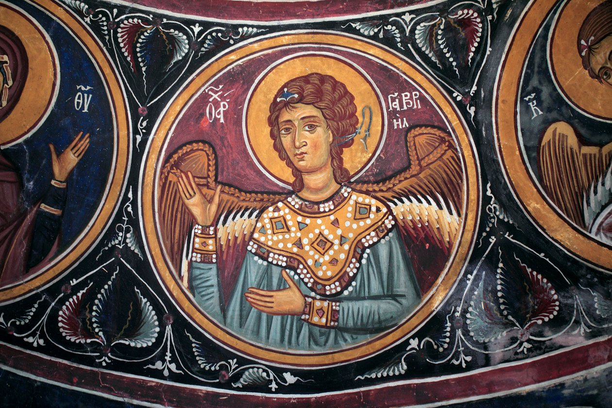 Gábriel arkangyal-medál Krisztus és az utolsó ítélet körül Az Asinou-templom Narthex-boltozatának bizánci freskójának részlete Utolsó ítélet jelenete 14. század (1332) UNESCO, a kulturális világörökség része, Troodos régió, Ciprus alkotó: Unbekannt