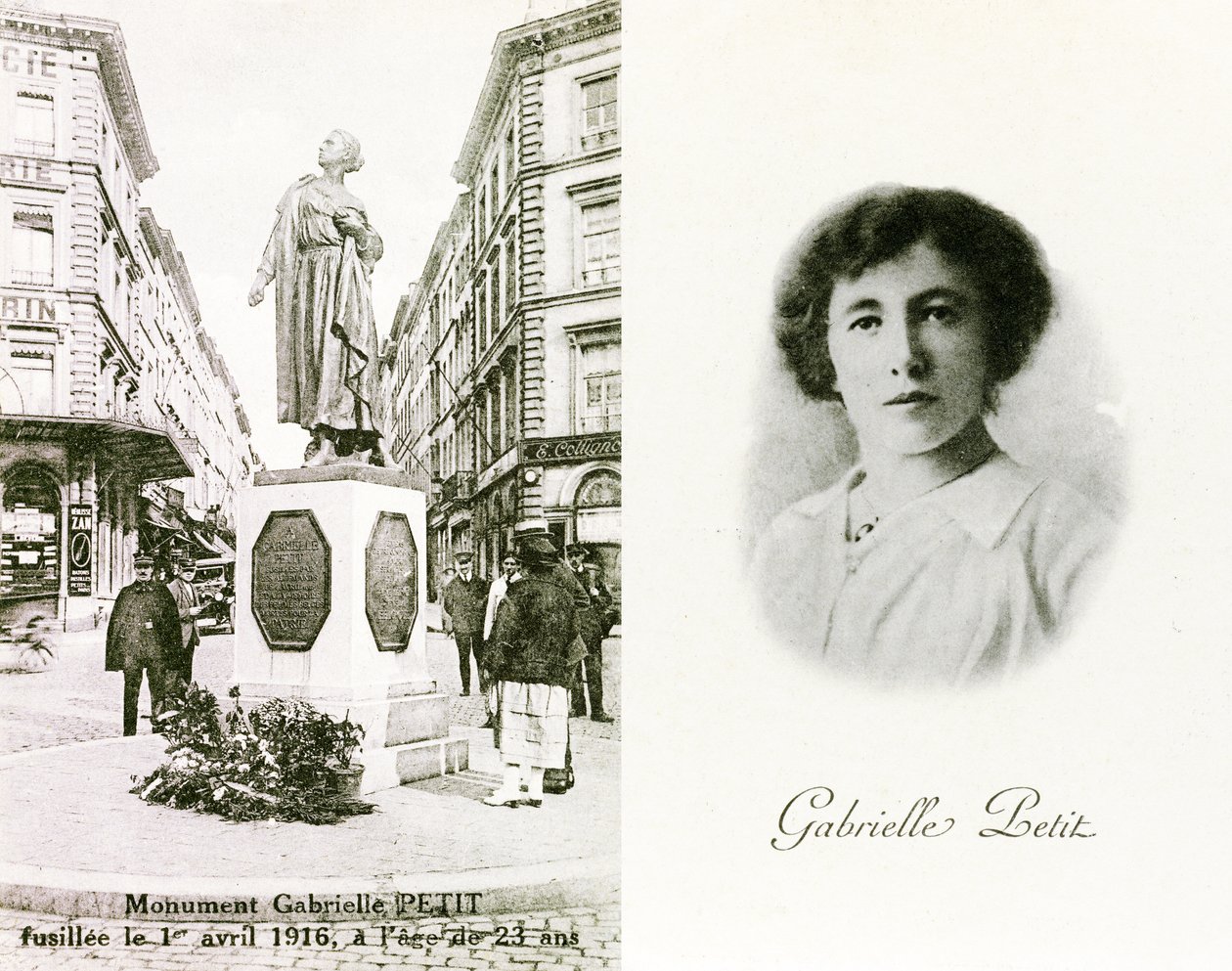 Gabrielle Petit és a tiszteletére állított emlékmű Brüsszelben, emléklapok, 1925 körül (litho) alkotó: Unbekannter Künstler