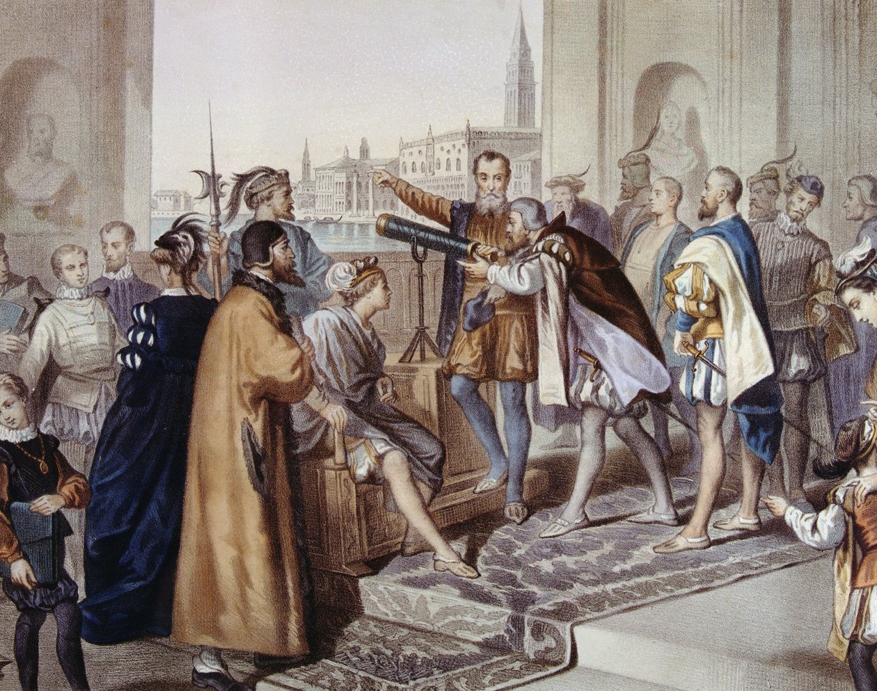 Galileo Galilei bemutatja találmányát, a teleszkópot (színes litho) alkotó: Unbekannter Künstler