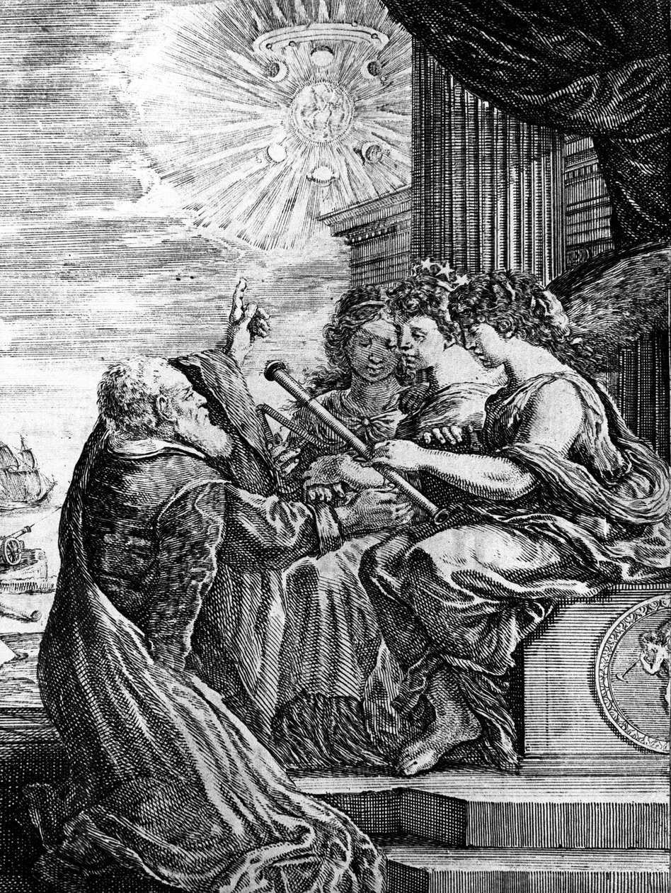 Galilei bemutatja távcsövét a múzsáknak, és rámutat a világegyetem heliocentrikus rendszerére. alkotó: Unbekannter Künstler