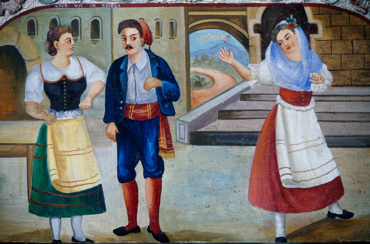 Galáns jelenet kosztümös szereplőkkel, fatábla festmény, szicíliai kézművesség, Szicília, Olaszország, Részlet alkotó: William M. Timlin