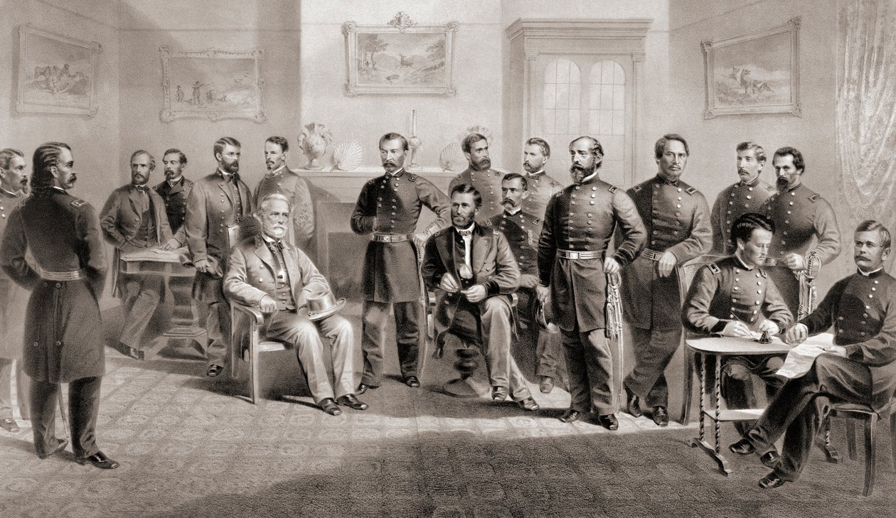 Ulysses S. Grant tábornok (jobbra középen ül) és Robert E. Lee tábornok (balra középen ül) saját munkatársaikkal a virginiai Appomattox-i bíróságon, ahol Lee tábornok feladta az észak-virginiai hadsereget, és ezzel véget vetett az amerikai polgárháborúnak, alkotó: Unbekannt