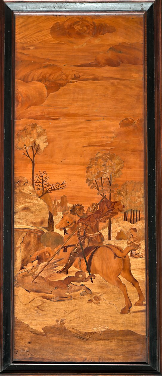 Genova, Dóm (Szent Lőrinc-székesegyház), belső tér, apszis, kórus, Dél: "St George and the Dragon", Vincenzo és Tommaso Garassino faintarziája (19. század); alkotó: Unbekannter Künstler