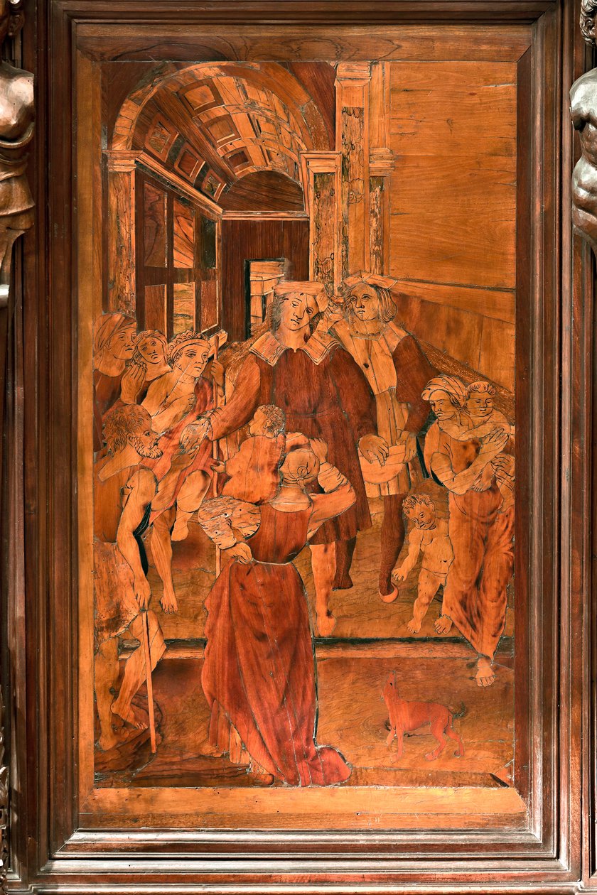 Genova, Dóm (Szent Lőrinc-székesegyház), belső tér, presbitérium, apszis, kórus, északi oldal: "Szent Lőrinc jótékonysága", Gian Michele de