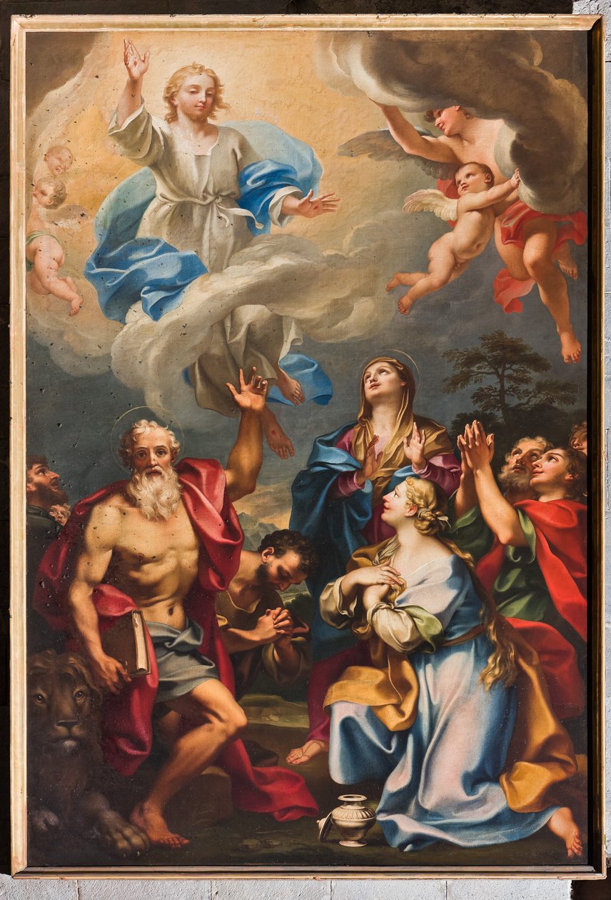 Genova, Dóm (Szent Lőrinc-székesegyház), belül, a déli folyosó, déli fal: "A mennybemenetel Szent Jeromossal, a Magdolnával és a szentekkel" (1694 körül) alkotó: Unbekannter Künstler