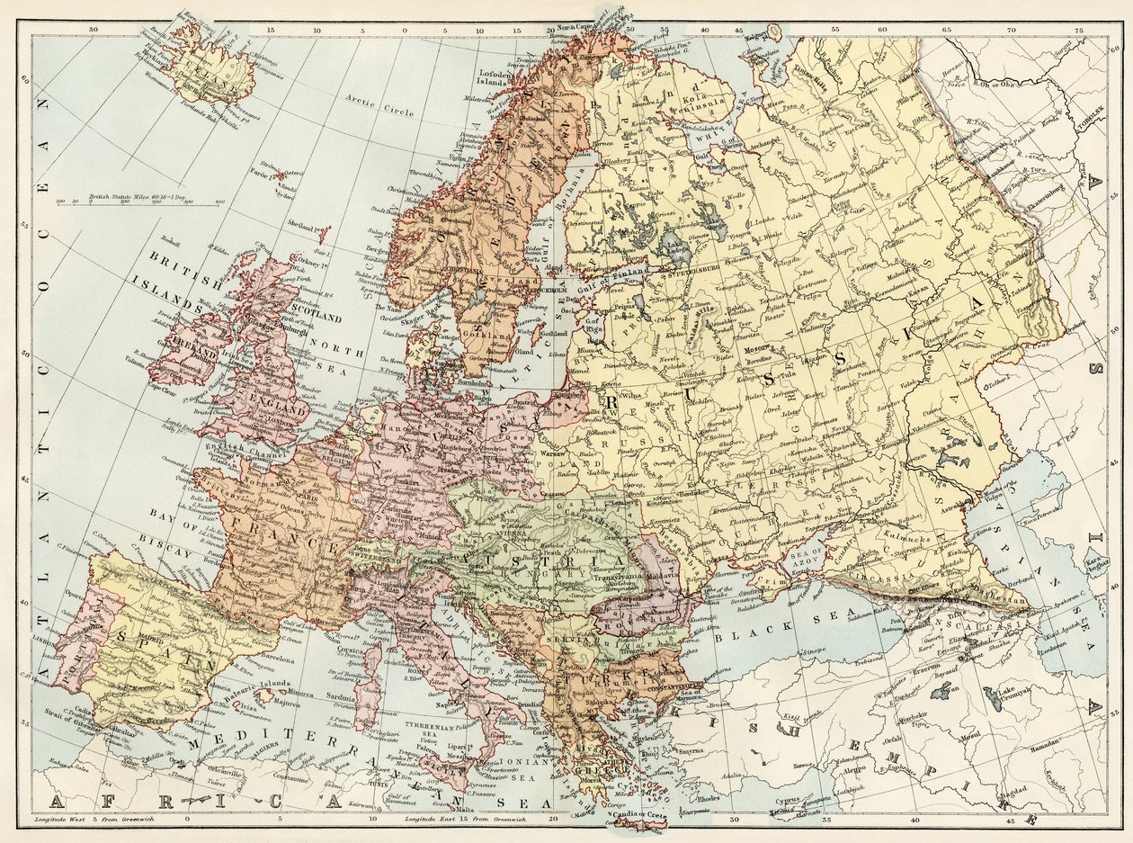 Európa földrajzi térképe az 1870-es években. 19. századi színes litográfia alkotó: Unbekannter Künstler