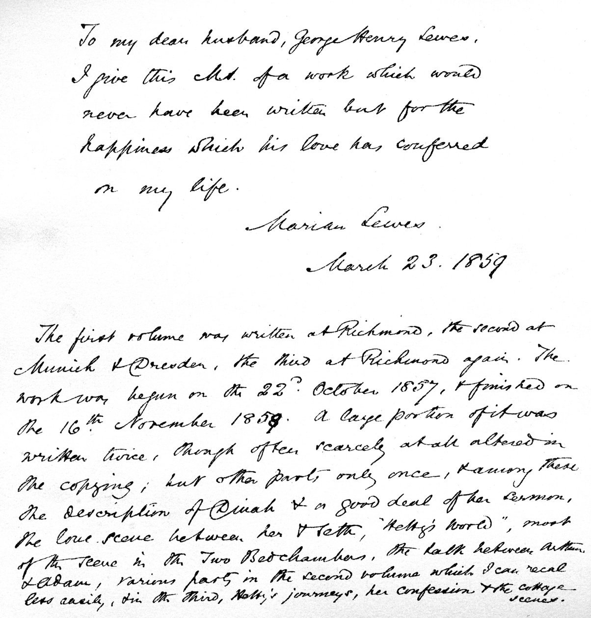 George Eliot meleg és szeretetteljes odaadása „kedves férjének”, George Henry Lewesnek, „Adam Bede” című regénye kéziratának első oldalán, március 23-án alkotó: Unbekannt
