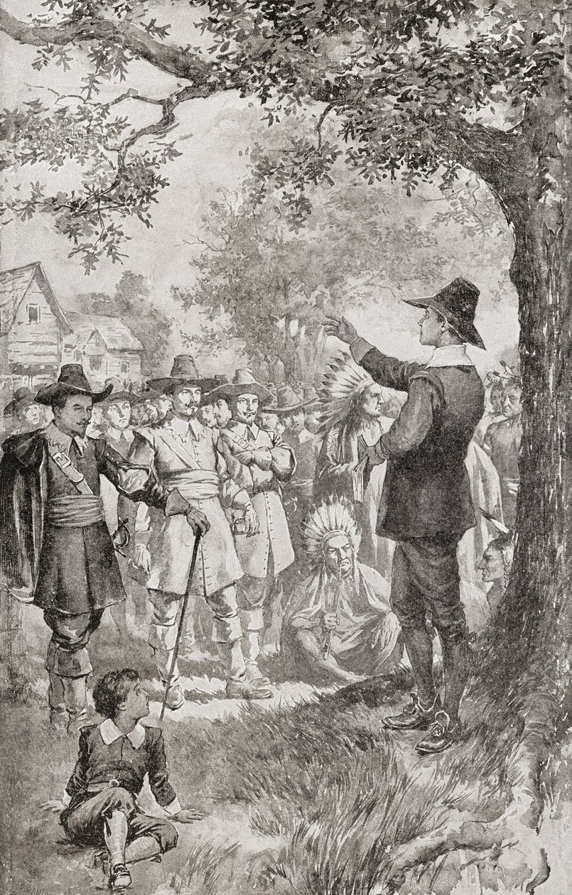George Fox 1671-ben az amerikai Marylandben prédikál a tömegnek a helyi kvékerek négynapos gyűlésén. George Fox alkotó: Unbekannter Künstler