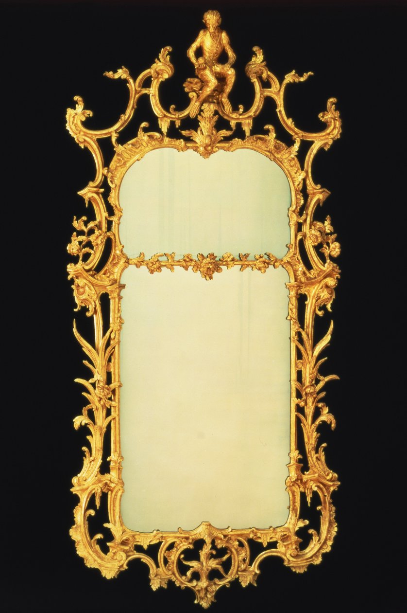 III. György aranyozott fából készült mólótükör, két lemezzel, kidolgozott címerrel, közepén egy majom figurája sziklafalon, 1765 körül alkotó: Unbekannt