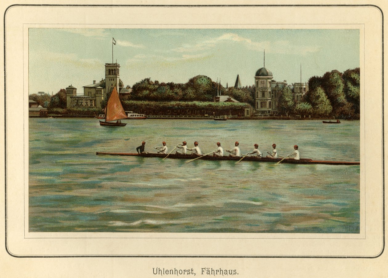 Németország, Hamburg, Uhlenhorst kompház az Alster-tó mellett, illusztráció a : "Ansichten-Album Hamburg" (Hamburgi nézetek), kiadó: C. Schneider, Berlin NW 1890 körül (litográfia). alkotó: Unbekannter Künstler