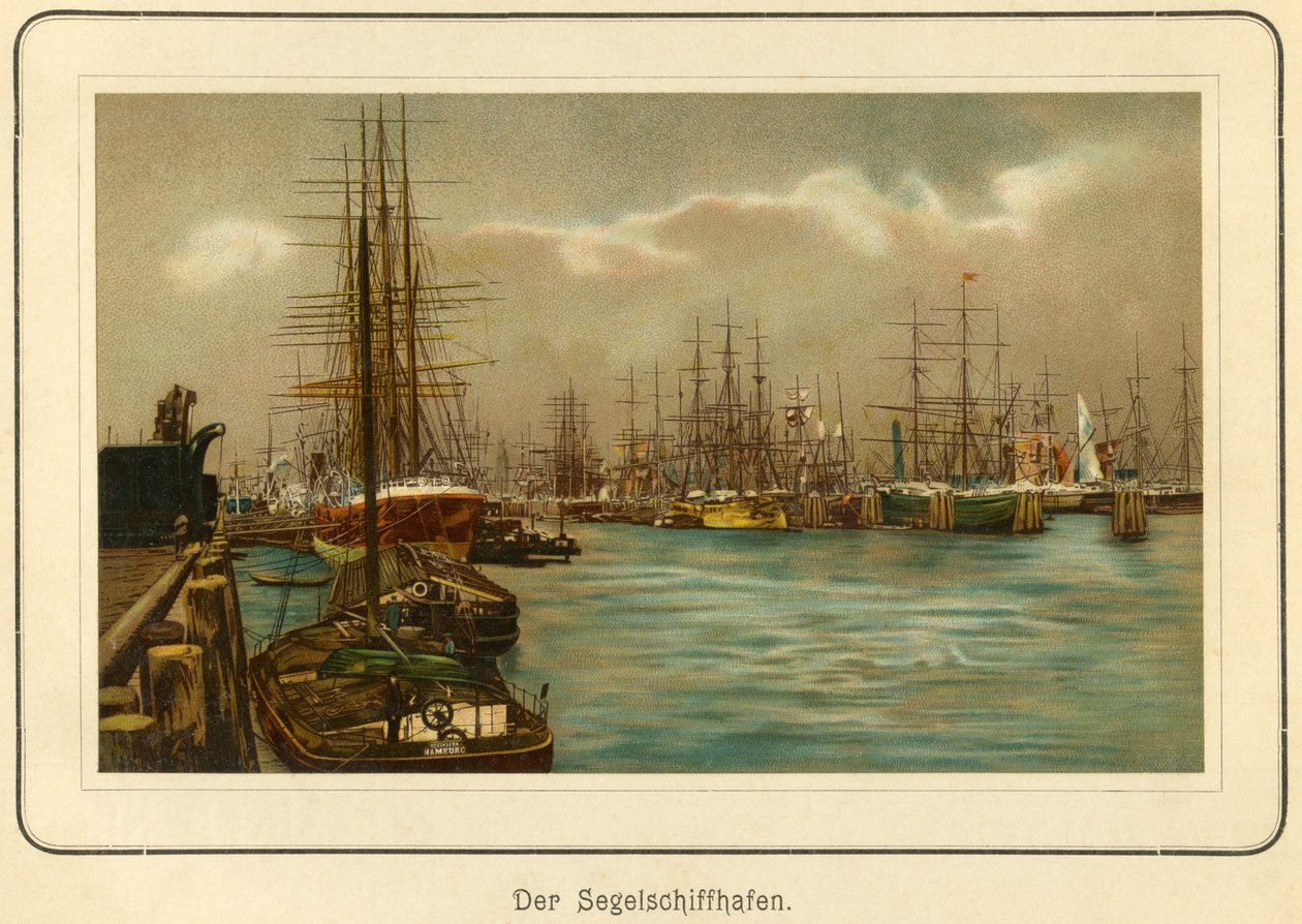Németország, Hamburg, a vitorlás hajók kikötője, litográfia : "Ansichten-Album Hamburg" (Hamburgi nézetek), kiadó: C. Schneider, Berlin NW., 1890 körül (litográfia). alkotó: Unbekannter Künstler