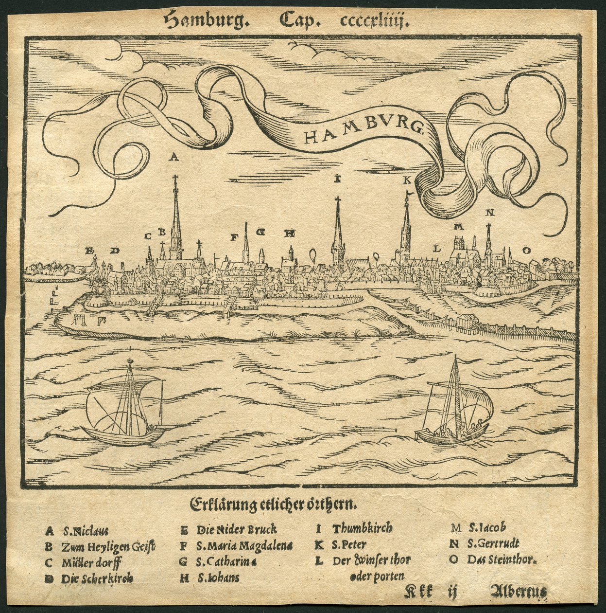 Németország, Hamburg, kilátás a városra, előtérben az Elba folyó, illusztráció Sebastian Münster (Münster) Cosmographia című művéből, 1570 körül (metszet). alkotó: Unbekannter Künstler