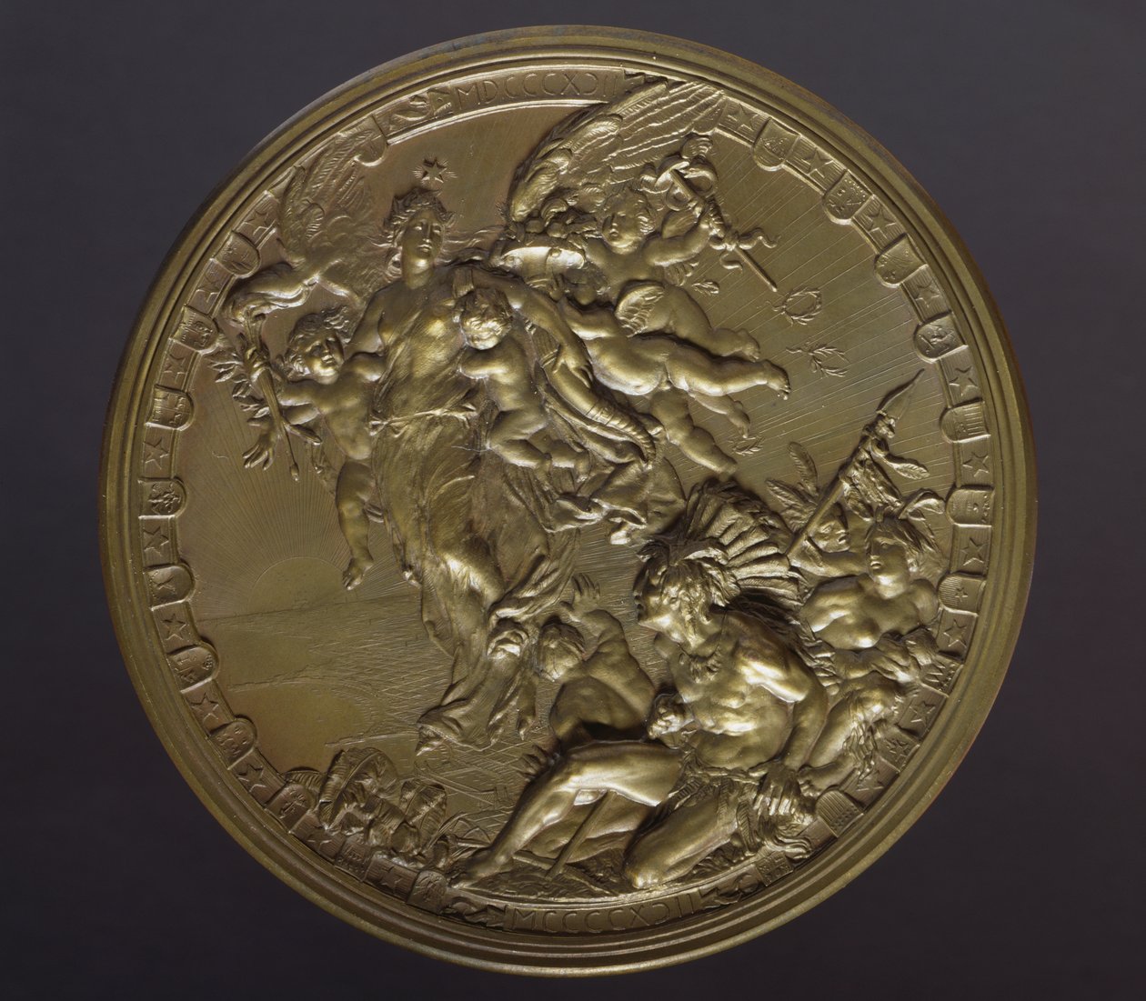 Aranyozott bronzérem Amerika felfedezésének 400. évfordulója alkalmából (1492-1892) alkotó: Benjamin Baud
