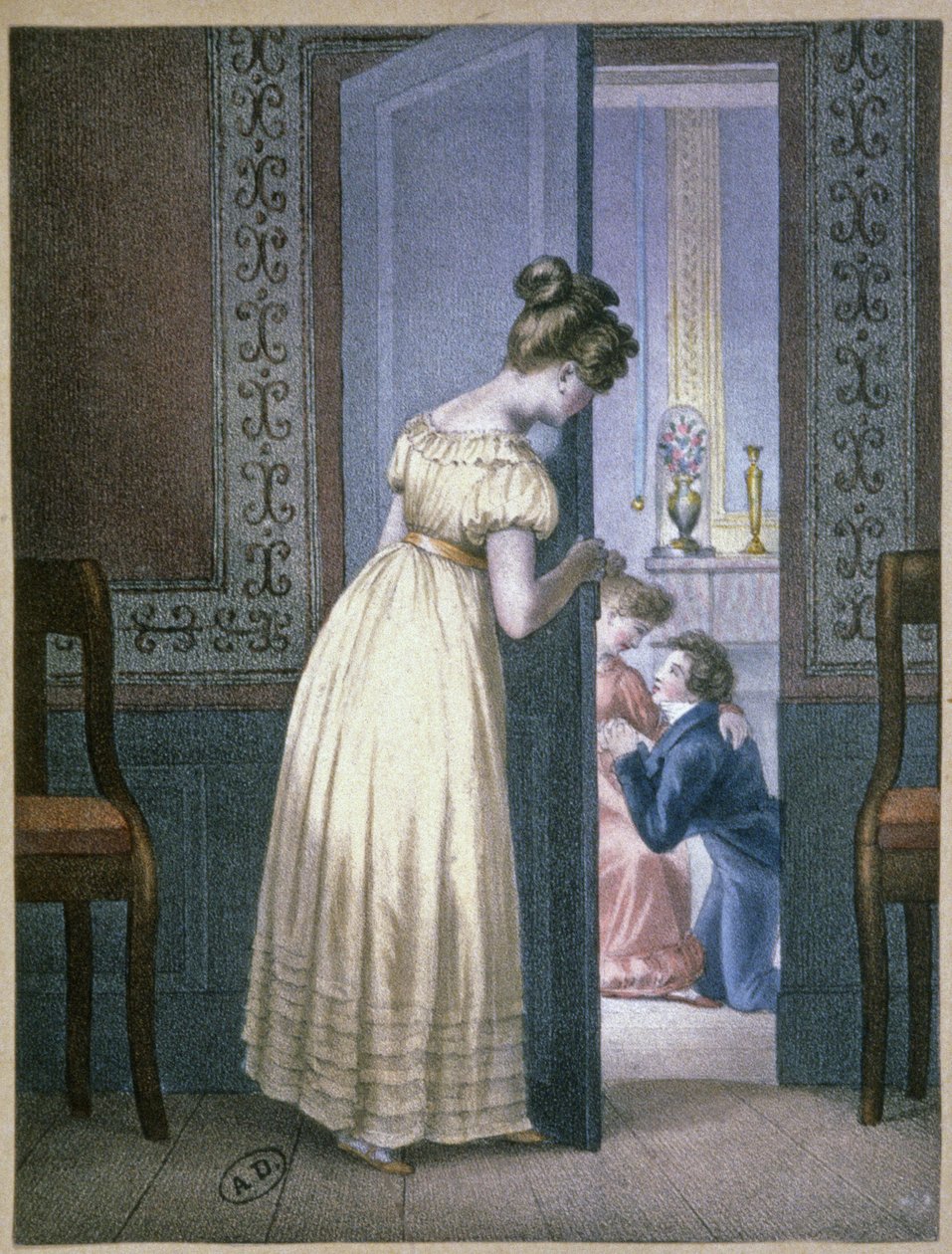 Lány hallgatja két szerelmespár magánbeszélgetését, 1820 körül (metszet) alkotó: Unbekannter Künstler