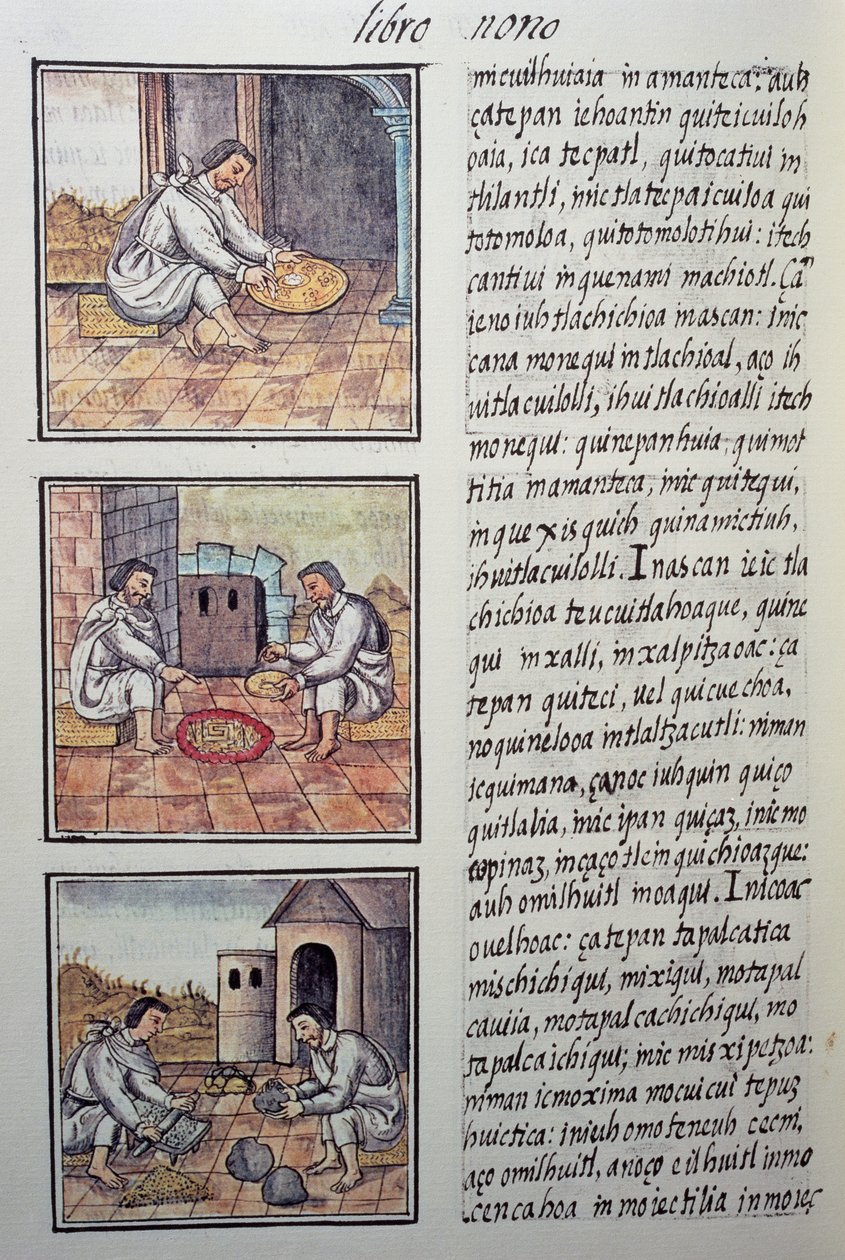 Aranyfeldolgozás a spanyol hódítás után, Fray Bernardino de Sahagun (1499-1590) spanyol misszionárius, Firenzei kódex oldala, az Új Spanyolország dolgainak általános története. Azték civilizáció alkotó: William M. Timlin